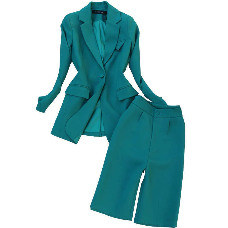 Весна и осенние женские брюки костюм 2-х частей высокого качества темпераментные дамы зеленые куртки тонкий подходят с высокой талией пяти точек 210527