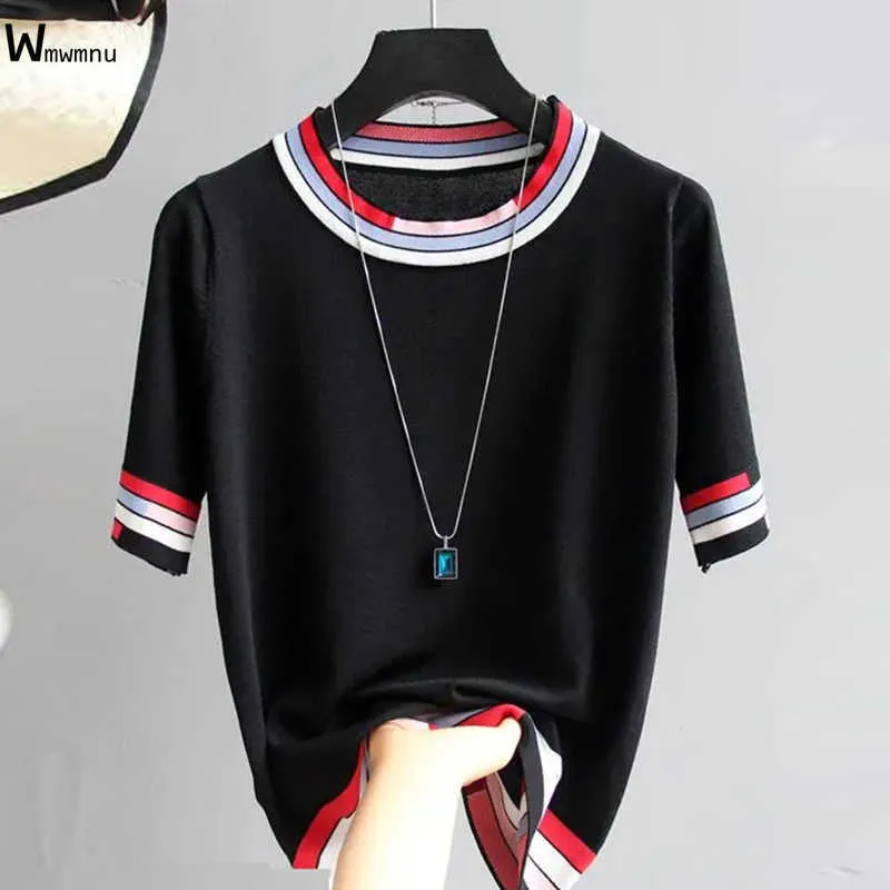 Verão Casual Slim O-Neck Knitwear Tops 2021 Novo Estilo Coreano Tee Feminino Moda Stripe Manga Curta T-shirt das Mulheres Y0621