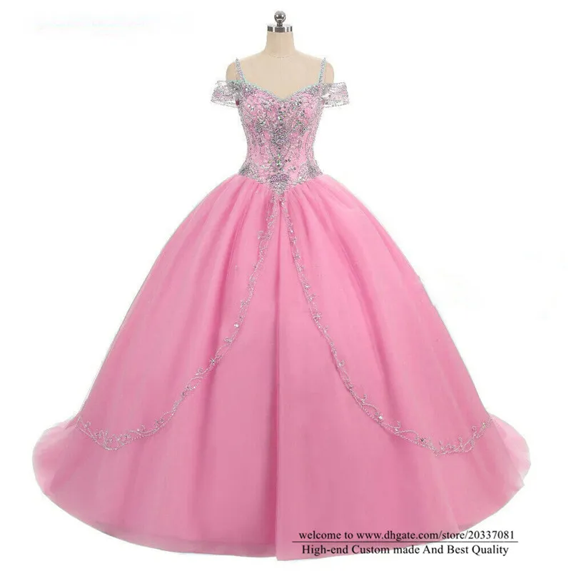 Abiti Quinceanera 2021 Dell'innamorato di Cristallo Paillettes Del Partito di Promenade Formale Tulle Perline Abito di Sfera Abiti Da 15 Anos Q14