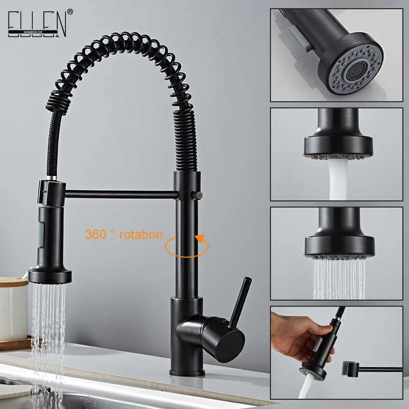 Deck Mounted Flexible Kitchen Faucets Pull Out Mixer Tap Black Cold Kitchen Faucet Spring Style with Spray Mixers Taps E9009 210719