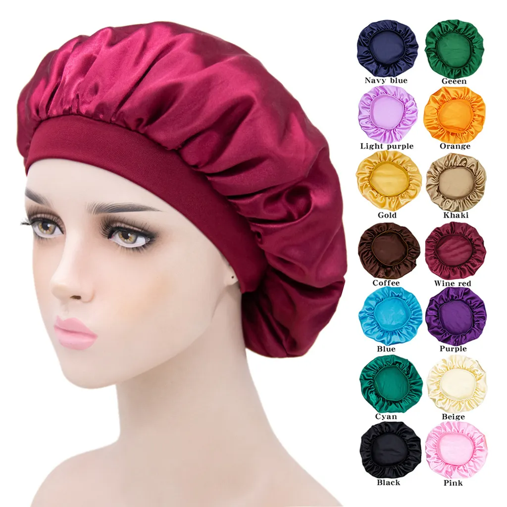 Mulheres Africanas Sólidas Cetim Cabelo Cap Bonde Silky Gorros Sleep Caps Elastic Band Turbante Cabeça Feminina Capa