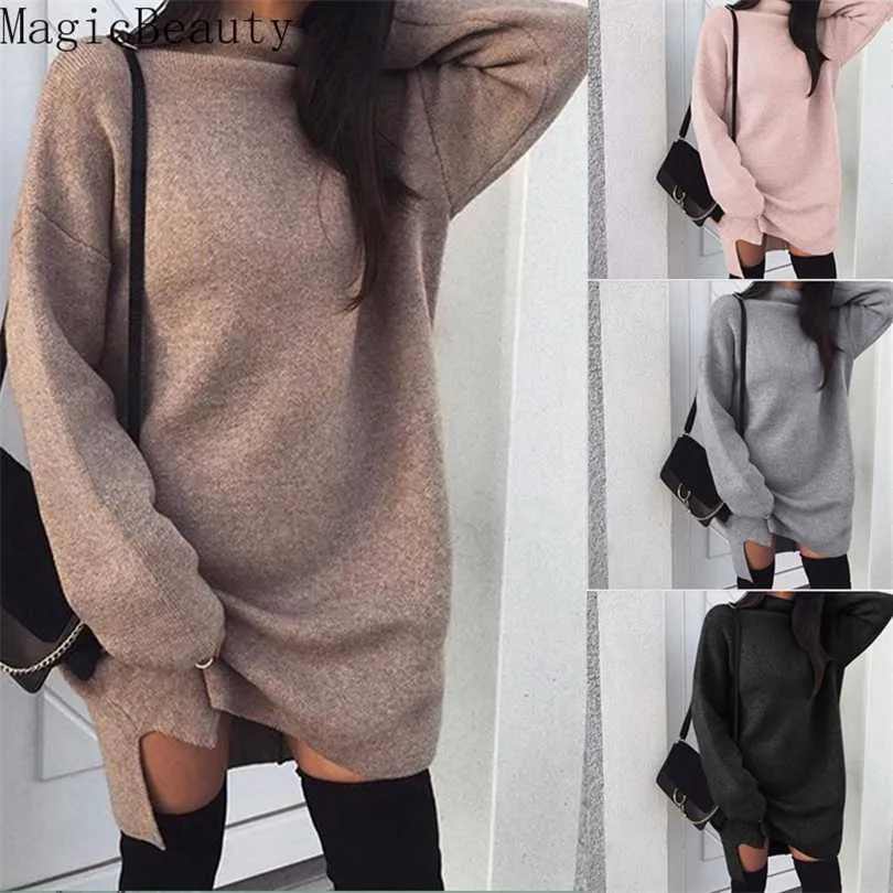 Herbst Winter Frauen Gestrickte Pullover Warme Langarm Kleid Rollkragen Pullover Jumper 211018