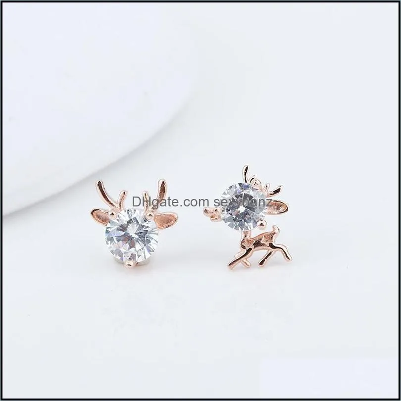 Other XiaoJing 100% 925 Sterling Silverrose Gold Asymmetric Cute Elk Stud Earrings For Women Small Earring Fine Jewelry