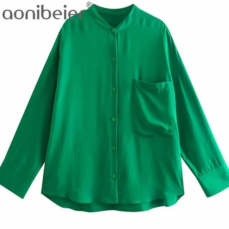 Grön Loose Shirts Summer Drop Shoulder Långärmad Kvinnor Blus Button-up Bröstficka Casual Shirt Kvinna Toppar 210604