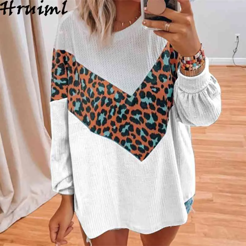 Womens tops e blusas outono leopardo impressão retalhos manga longa o pescoço camisas femininas casuais senhoras soltas streetwear 210513
