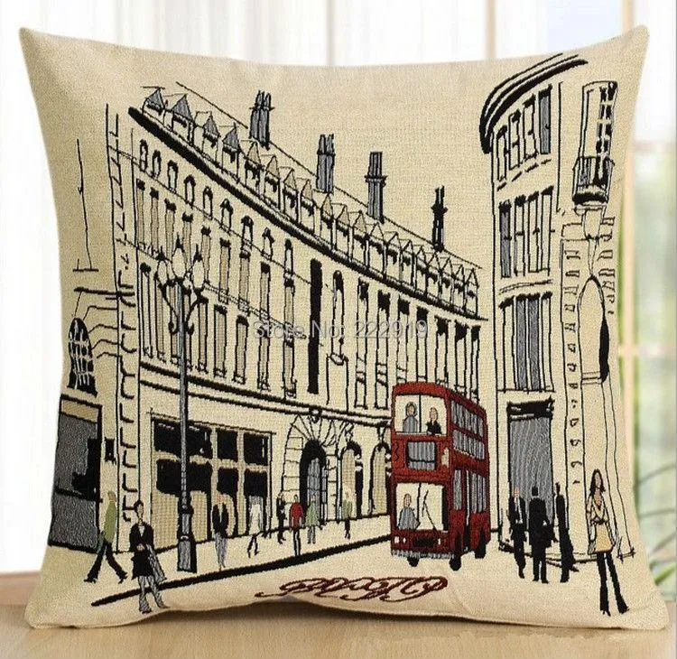 Husdekorativ London Bus Street UK Print Linen Kudde täcker soffa kudde kudde/dekorativ