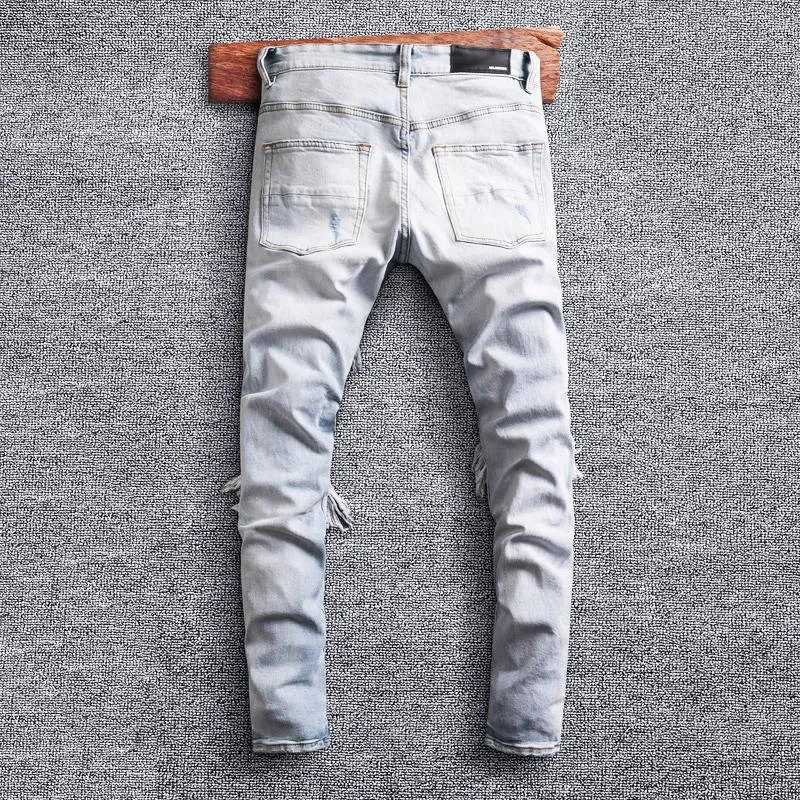 ファイナルセール メンズジーンズストリートスタイルファッション男性レトロライトグレーブルー弾性スリムフィットリッピングパッチデザイナーヒップデニムパンクパンツ アウトレット 商品 Sistema Mnactec Cat