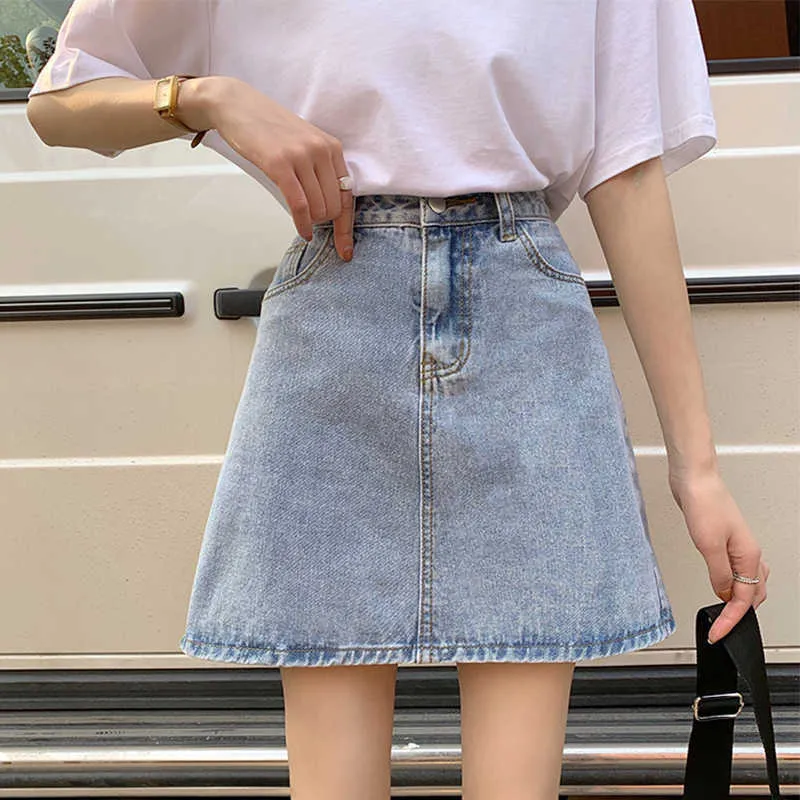 Ly varey lin verão mulheres casual cintura alta mini saias denim doce cor sólida cor azul a linha jean 210526