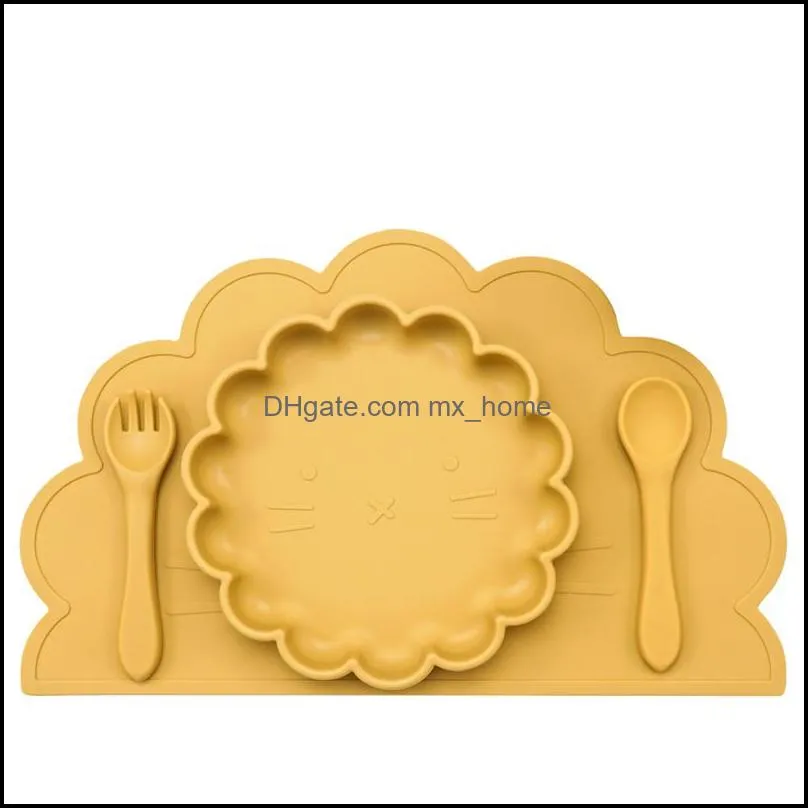 Cute Childrens Tableware Feeding Soild Food Plates For Babies Silicone Cookware Dishes Fork Spoon Placemat Baby Stuff