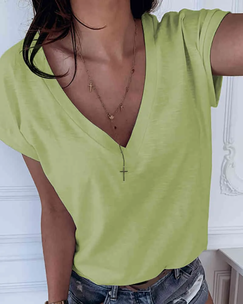 Topstype Women's Deep V Neck Short Sleeve Top - Casual Low Cut Blouse In Green, Small