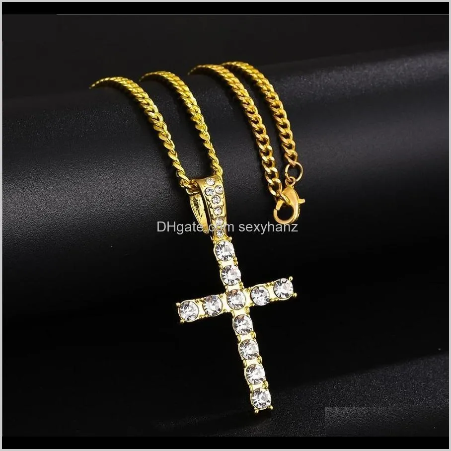 designer men cross pendant gold necklace hip hop costume jewelry full rhinestone design link chain fashion punk trendy necklaces for