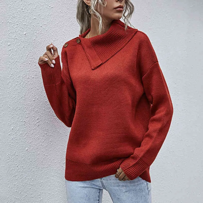 Knit Side Lapel Pullovers Women Autumn and Winter Casual Shoulder Button Half-Open Collar Sweater Women's Pullovers 210514