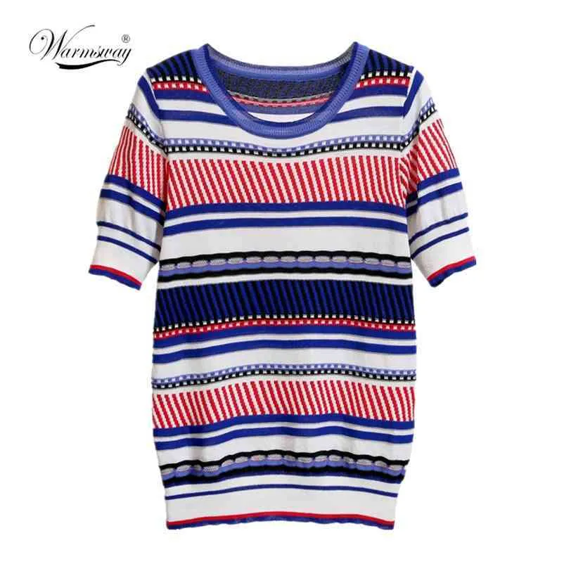 Camiseta de manga corta con cuello redondo para mujer de alta calidad a rayas de punto de verano, Jersey femenino, Tops B-120 210522