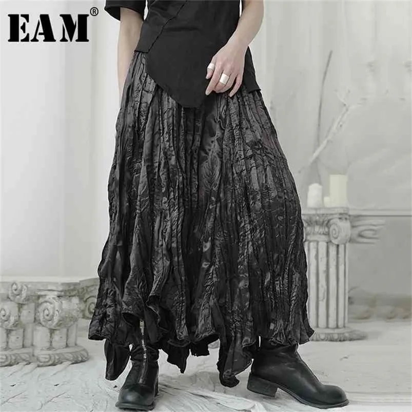 [EAM] Wysoka elastyczna talia czarny plisowany nieregularny długi temperament pół-ciała spódnica kobiety moda wiosna jesień 1U965 210621
