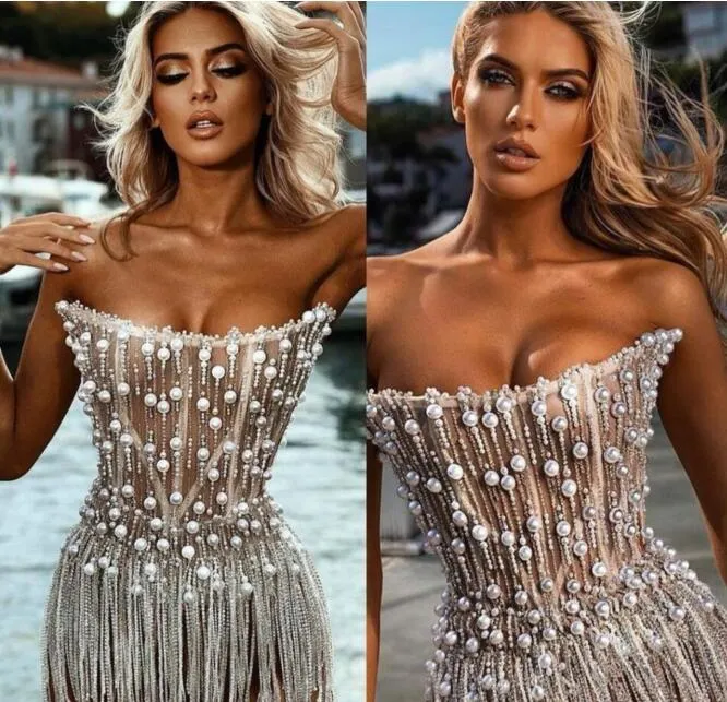 Abito da sera vestito da donna Yousef aljasmi Guaina Nappa Perle Manica lunga Cristalli Senza spalline Kim kardashian Kylie jenner