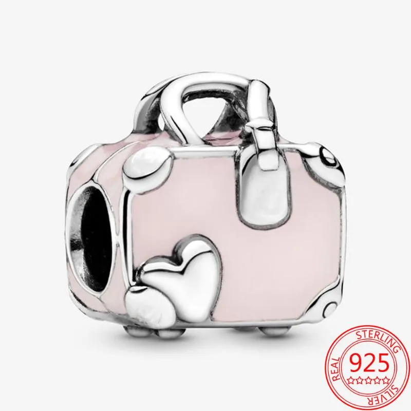 Inne Prawdziwe 925 Sterling Silver Paszport Różowy Torba Podróży Charm Wisiorek Fit Original 3mm Bransoletka Biżuteria