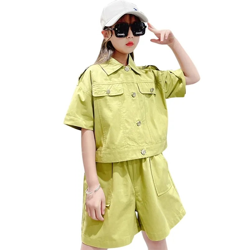 Teenager-Mädchen-Kleidung, solides T-Shirt + kurze Kleidung für Sommerkostüme, lässiger Stil, Kinder-Trainingsanzug 6 8 10 12 210527