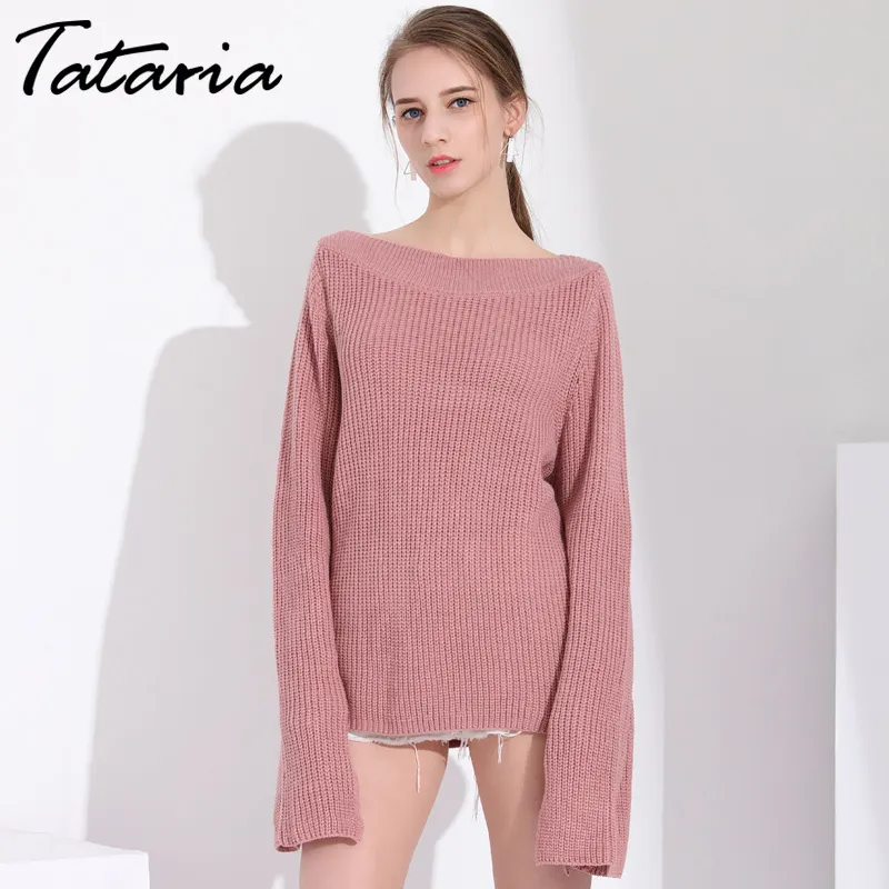 1Long trui vrouwen jumpers truien truien sexy slash nek losse flare mouw s backless holle gebreide trui 210514