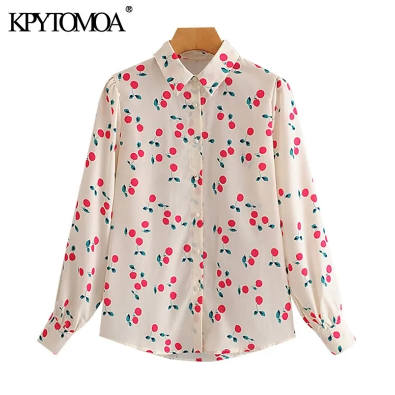 Damesmode Cherry Print Losse Blouses Lange Mouwen Button-Up Vrouwelijke Shirts Blusas Chic Tops 210420