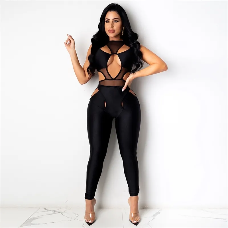 Winter Dames Holle Kant Zwarte Bandage Jumpsuits Sexy Mouwloze Volledige Broek Club Party Bodycon 210423