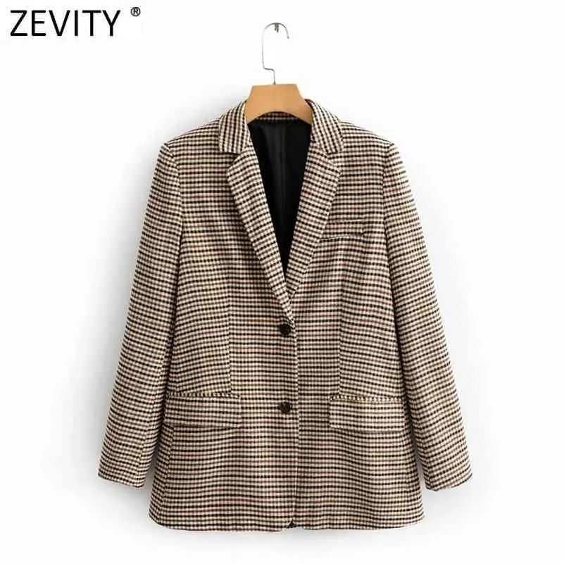 Kvinnor Vintage Notched Collar Plaid Print Fitting Blazer Coat Office Ladies Single Breasted Pocket Chic Outwear Toppar CT676 210416