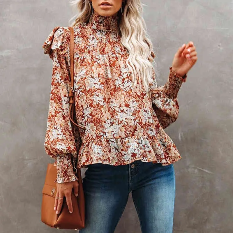 Floral Print Boho Herfst Winter Ruffle Blouse Tops Dames Lange Mouw Turtleneck Rode Kantoor Dames Casual Blouse Shirts 210415