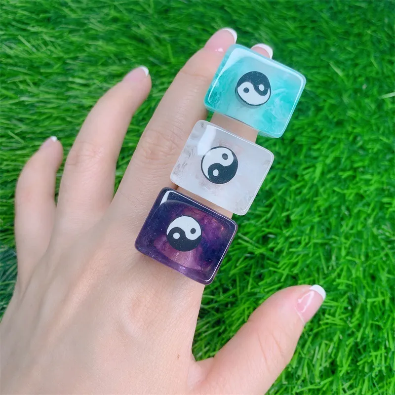 10st 2021 Sommar Transparent Yin Yang Tai Chi Geometrisk Square Resin Acrylic Ringar för Kvinnor Tjejer Travel Smycken Gifts