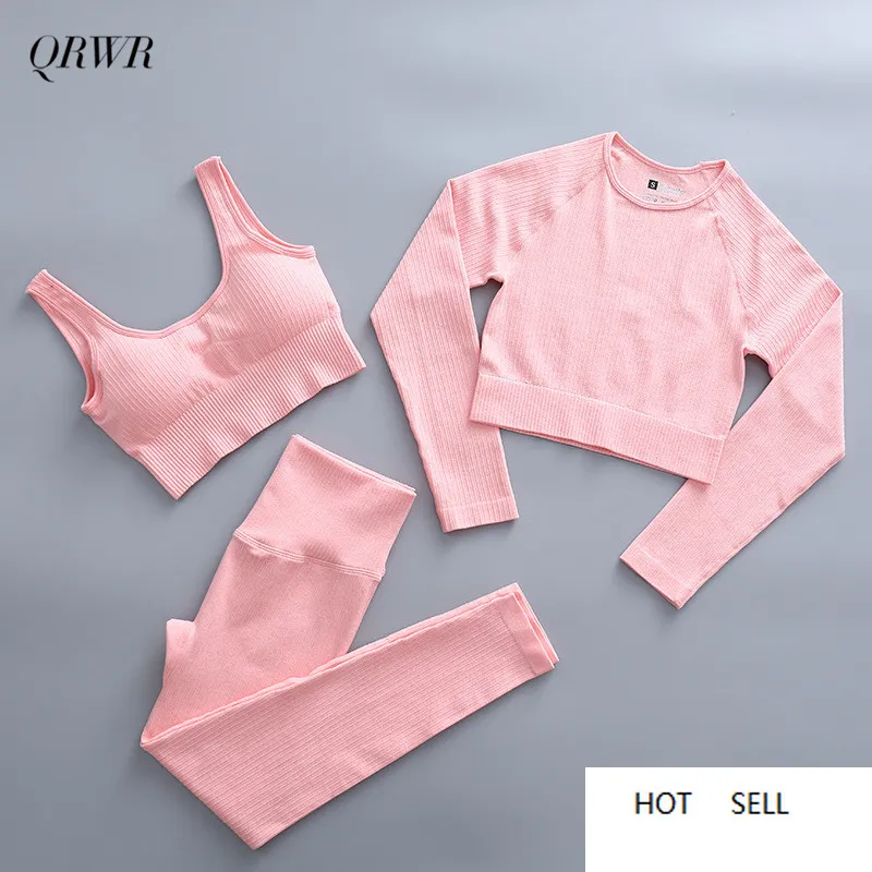 2/3 Piece Zestaw sportowy Zestaw jogi Kobiety Wysokiej talii Legginsy Fitness Bra Długi Rękaw Crop Top