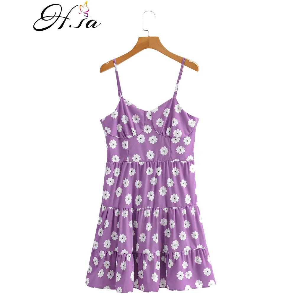 H.SA blommig mini sundresses sommar kvinnor spaghetti rem ärmlös ruffle strand klänning sexig backless damer kläder 210417