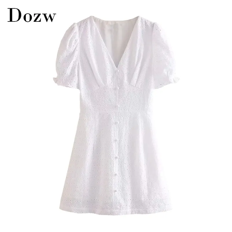 白い刺繍綿のミニドレス女性のフリル半袖シックな夏Vネックパーティーローブフェムメ210515