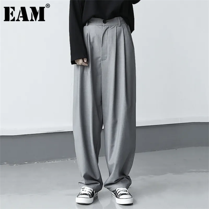 [EAM] taille haute gris plissé fendu longue jambe large pantalon nouveau coupe ample pantalon femmes mode marée printemps automne 2021 1DB727 Q0801