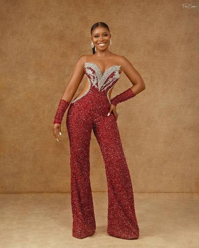 Sexy vermelho 2021 jumpsuit sequined vestidos de baile aso ebi arábico puro pescoço africano frisado vestidos de noite plus tamanho recepção segunda volta vestido