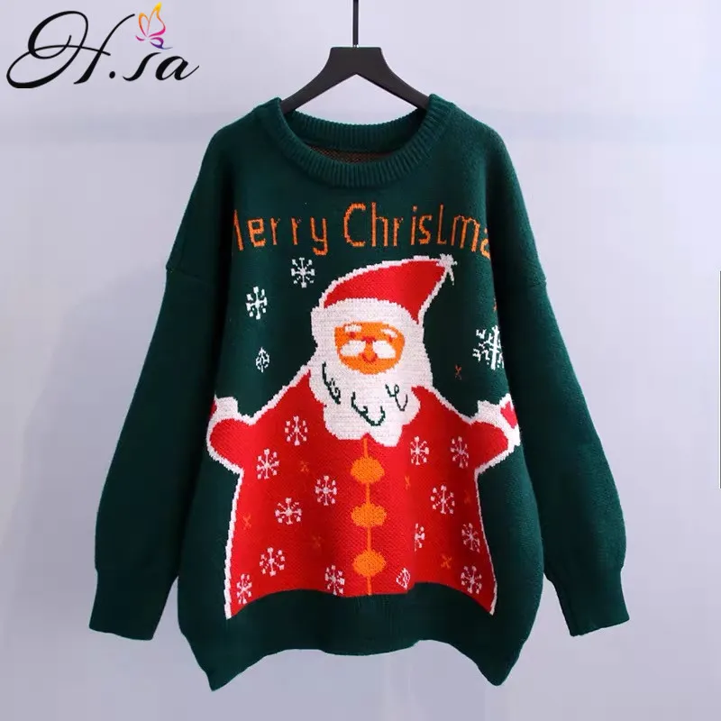 H.SA Femmes Chritmas Automne Hiver Femme Pulls Jumpers Kawaii Mignon Jersey Vert Pull Femme Hiver 210417
