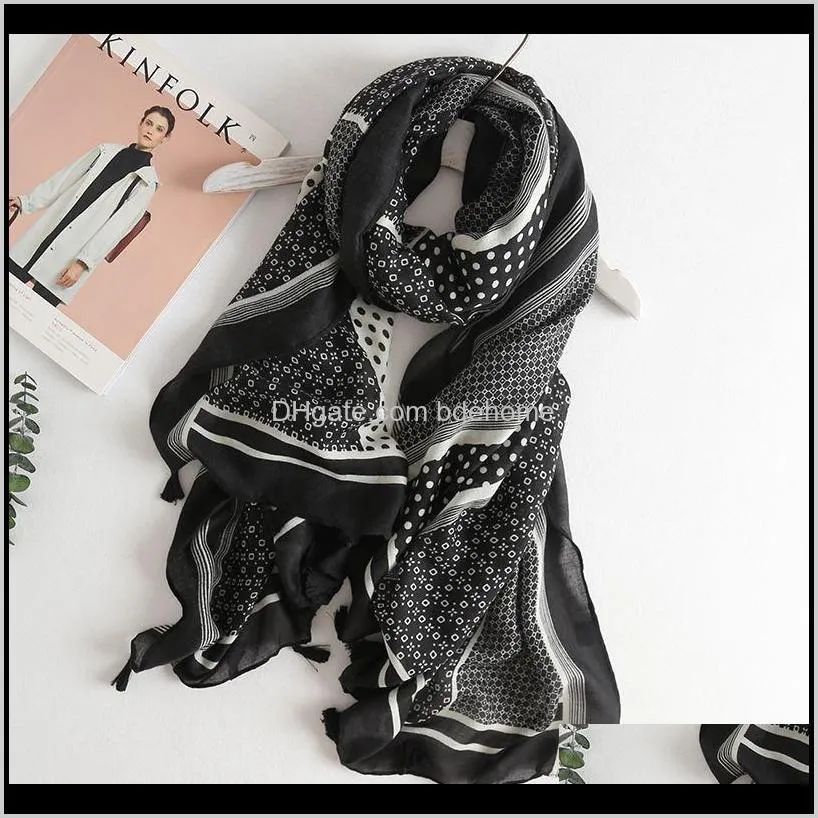 Wraps Hats, & Gloves Aessories Drop Delivery 2021 Korean Black And White Wavy Dot Print Cotton Tassel Scarves Fashion Woman Bohemian Style Se