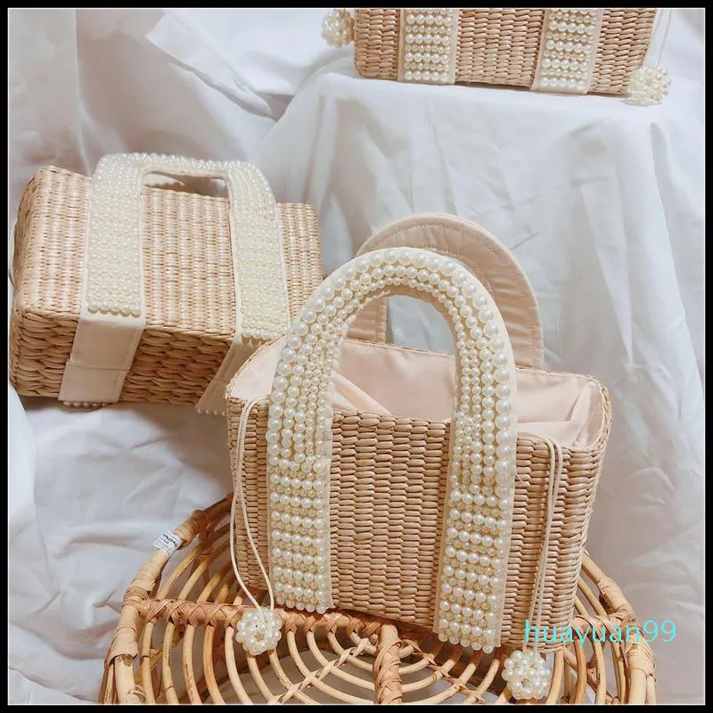 Mode parels omgaan met dames handtassen Designer kralen Strawtassen Luxe Pearl rattan Totes rieten geweven grote zomer strandbeurt C0326