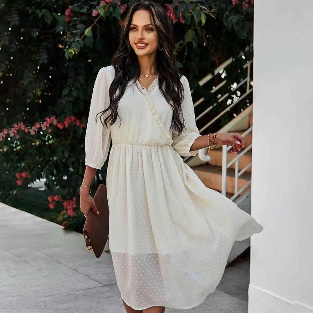 Летние старинные платья женщины ruffles v-образным вырезом твердые высокие талии белое MIDI платье вскользь праздник элегантные кружевные платья Vestidos одежда 210521