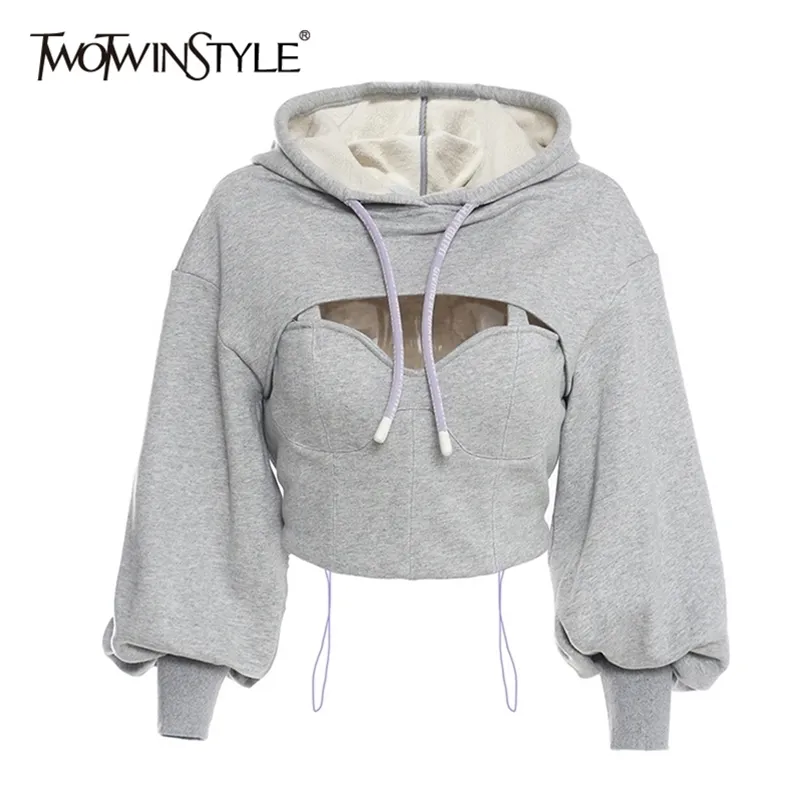 TWOTYLE Hollow Out Gray Sweatshirt For Women Hooded Collar Long Sleeve Fake Two Casual Short Tops Female Fashion Fall 210809