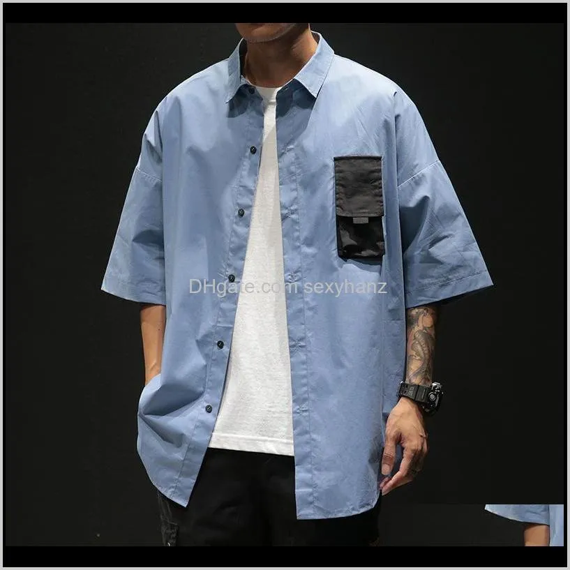 short sleeves casual men shirt 2020 for summer clothes hip hop punk streetwear solid color pocket men