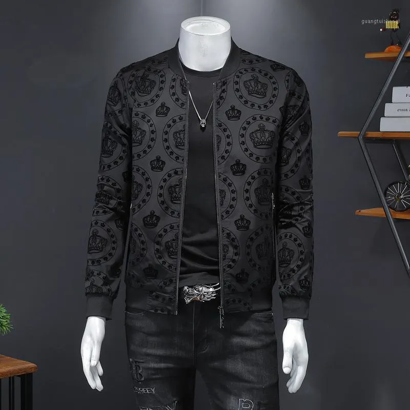 Mäns Jackor Vår Höst Vintage Crown Jacket Mens 2021 Luxury Print Black Men Brand Clothing Fashion Club Outfit Bomber M-5XL