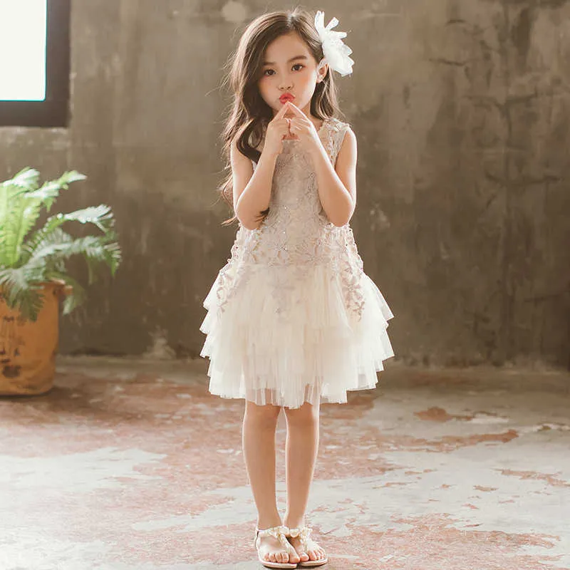 2020 Summer Little Girls Beading Gauze Princess Dress Children's Clothes Baby Kids Pure Color Slim Mesh Lace Pleated Dresses X39 Q0716