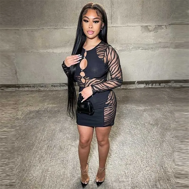 Sexy Hollow Out Long Sleeve Women Dresses Zebra Mesh Transparent Mini Dress Beach Holiday Night Club Party Short One Piece Skirt
