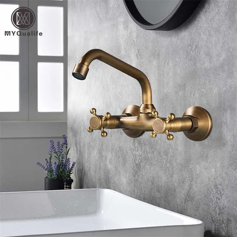 Wandmontage Badkamer Keukenkraan Dual Handvat Messing Antiek en koud Water Tap 360 Swivel Long Tuit Keuken Mixer Tik op 211108