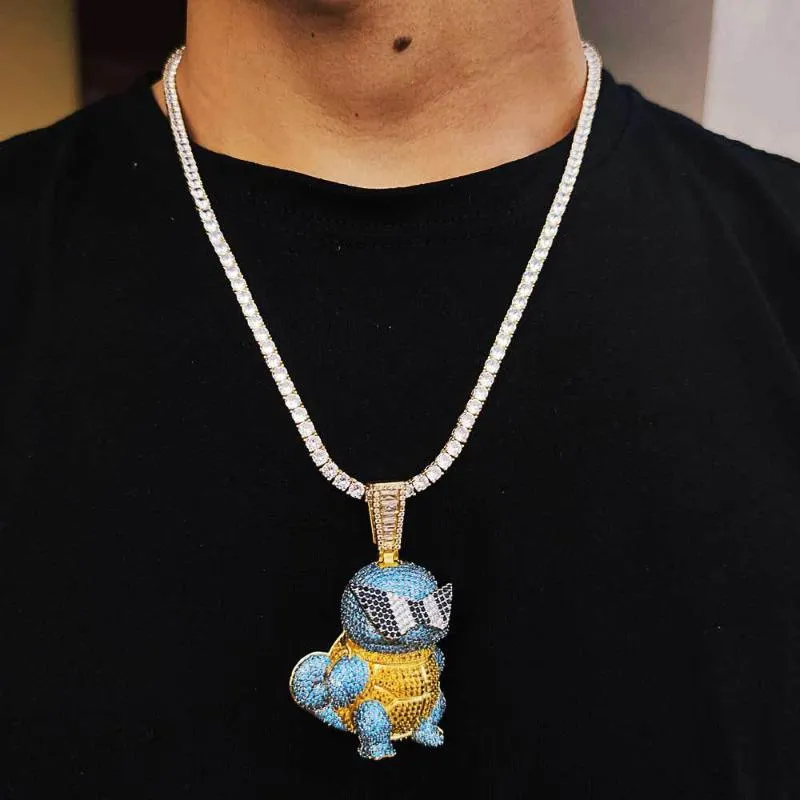 Pendant Necklaces Hip Hop CZ Stone Paved Bling Iced Out Gold Color Cool Cartoon Tortoise Pendants For Men Rapper Jewelry Gift231g