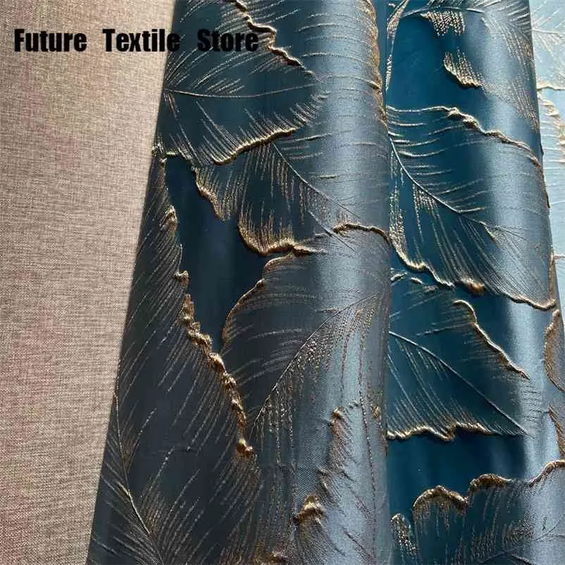 Blue Embossed Three-dimensional Gold Silk Leaf Curtain Modern Light Luxury Living Room Bedroom Blackout Satin Curtain 210913