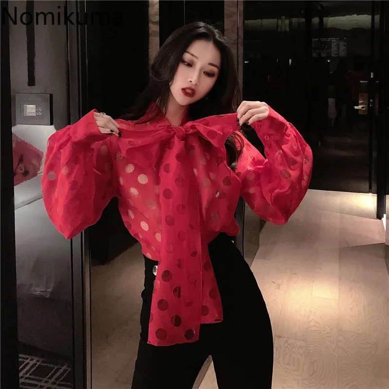 Nomikuma Bow Noeud Collier Chemises à manches longues Voir à travers la mode décontractée Chemisier à pois Femmes Style coréen Blusas 3d994 210514