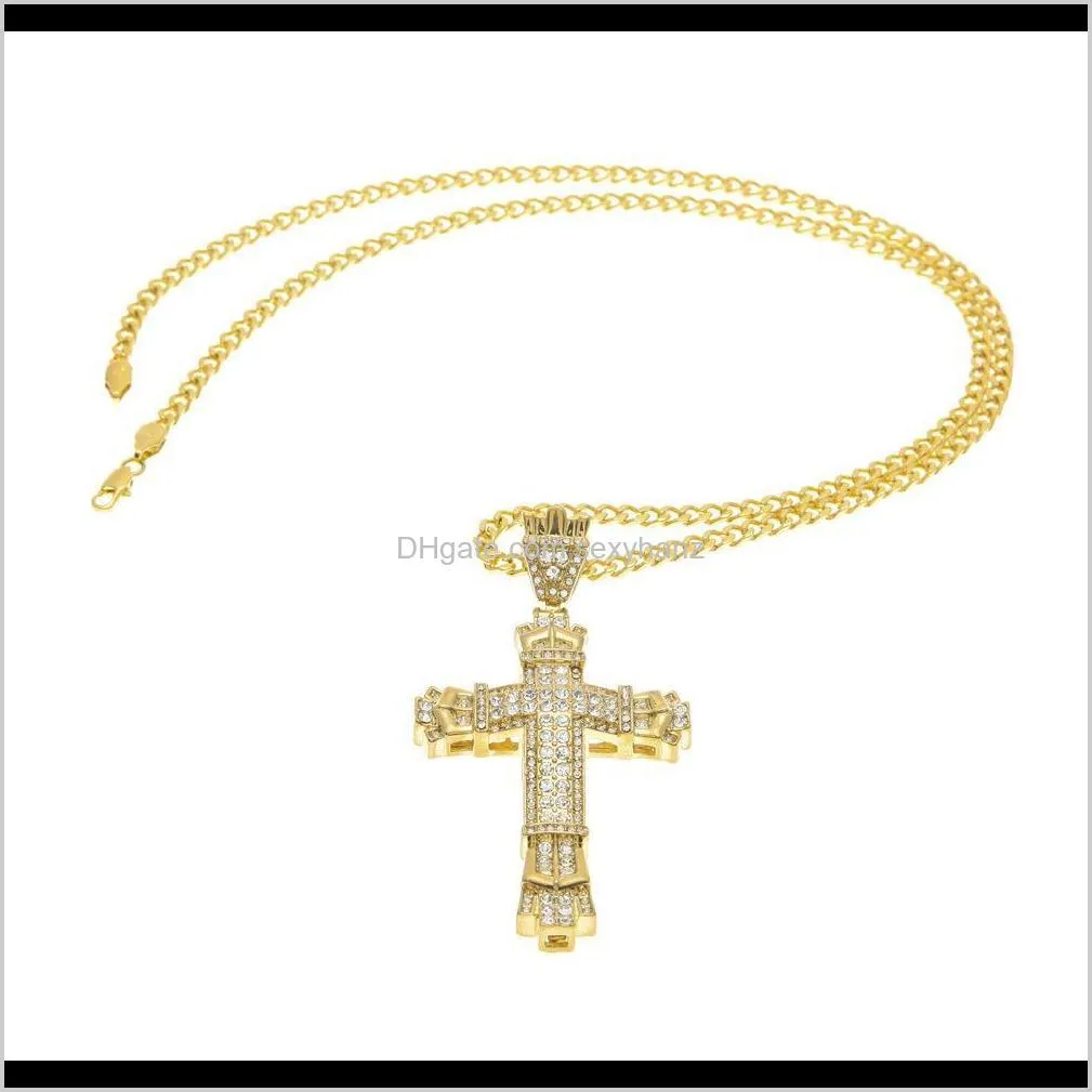 retro gold cross charm pendant full ice out cz simulated diamonds catholic crucifix pendant necklace with long cuban chain