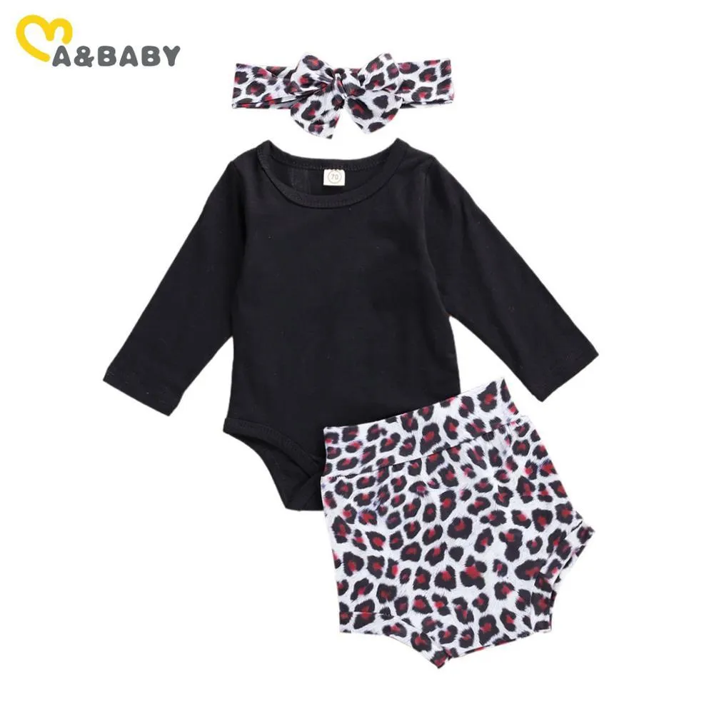 0-18M Leopard Round Minal Baby Girl Одежда SE черный с длинным рукавом Короткие шорты 210515