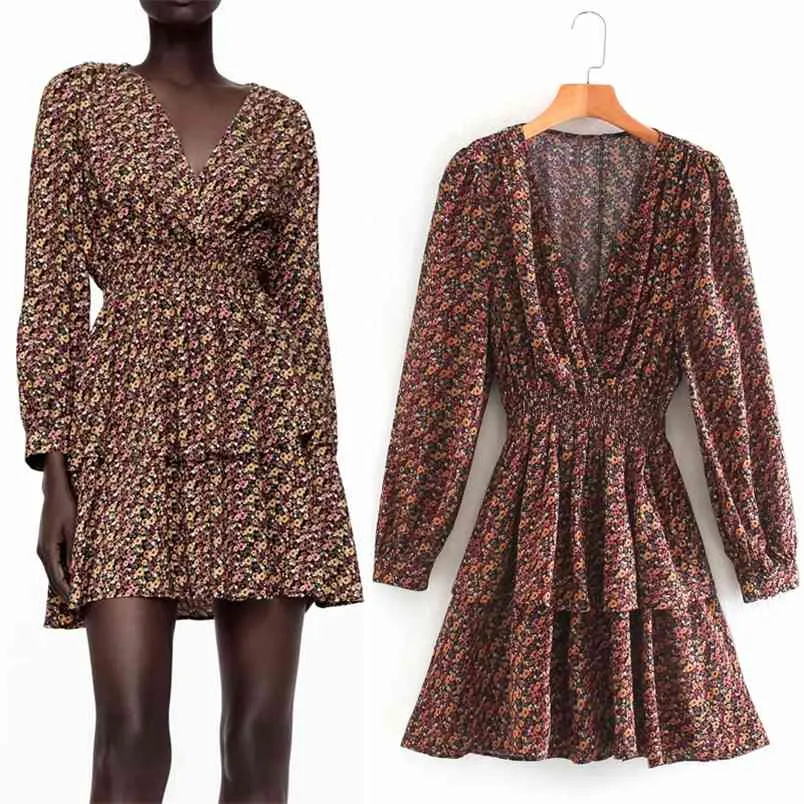 Automne Floral Imprimé Mini Robe Femmes Col En V À Manches Longues Bouffantes À Volants Femme Vintage Élégant Dames es 210519