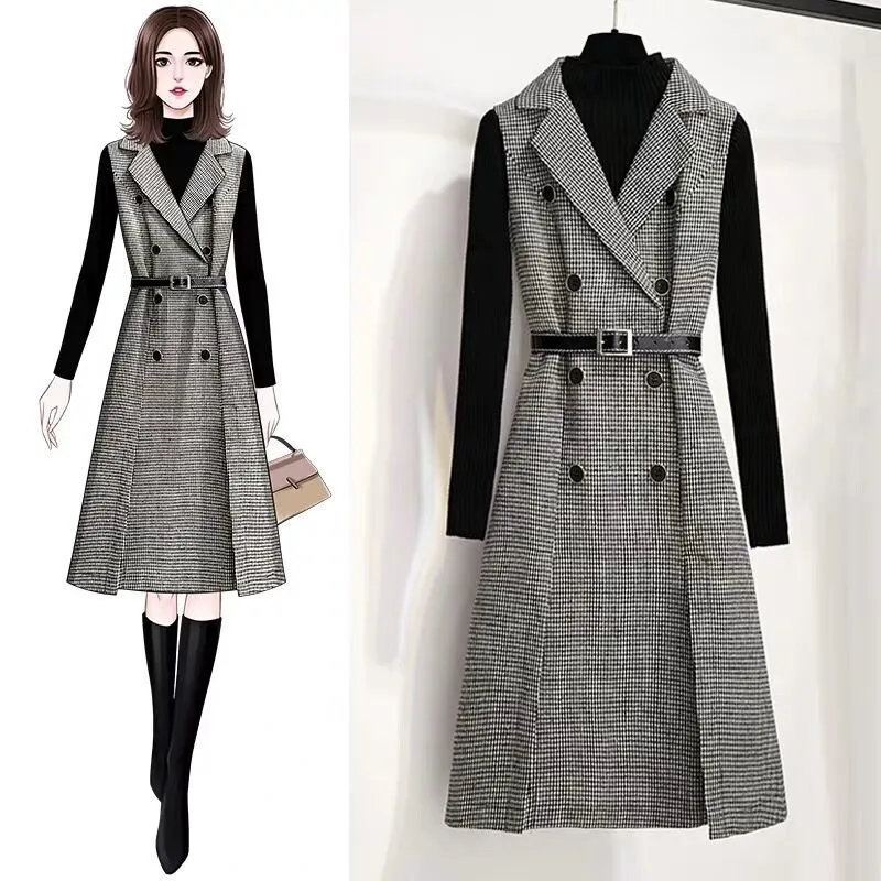 Autumn Winter Femmes Housse De Housse De Housse De Sans Manches Collier Notched Double boutonnage Split Split Tweed Robe Midi avec Top Top 210416