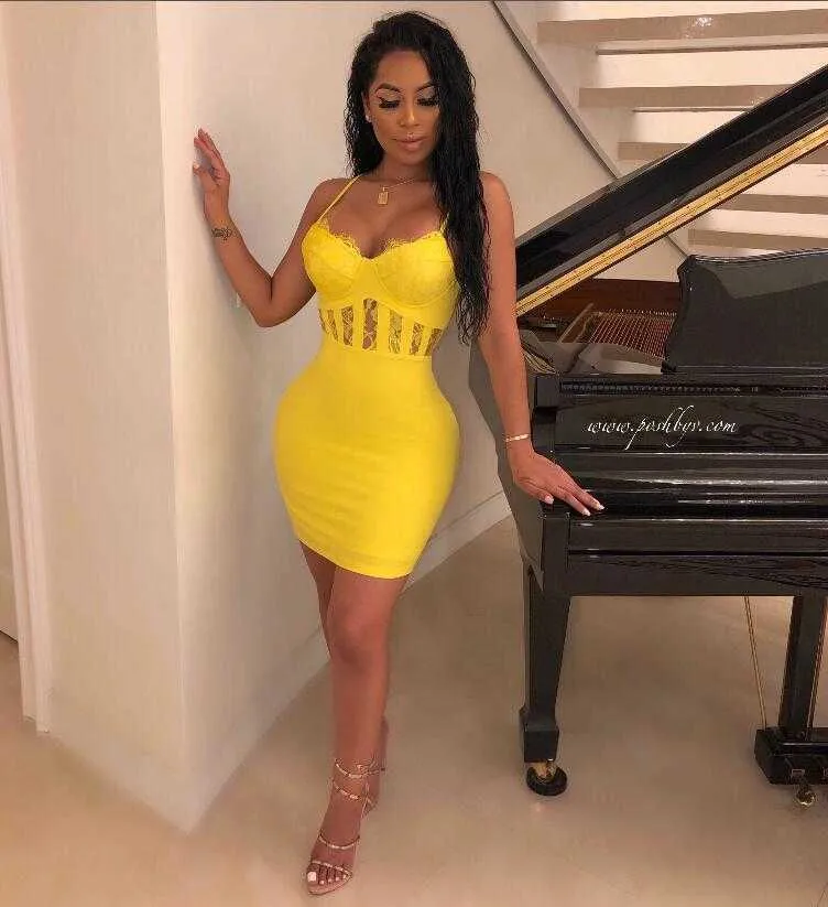 Women Sexy Fashion Sleeveless Lace Yellow Bandage Dress Elegant Designer Summer Party Vestido 210527